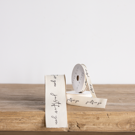 Cursive writing ribbon with "Just For You" message in elegant script, beige color, Luxe B Co Wholesale product.