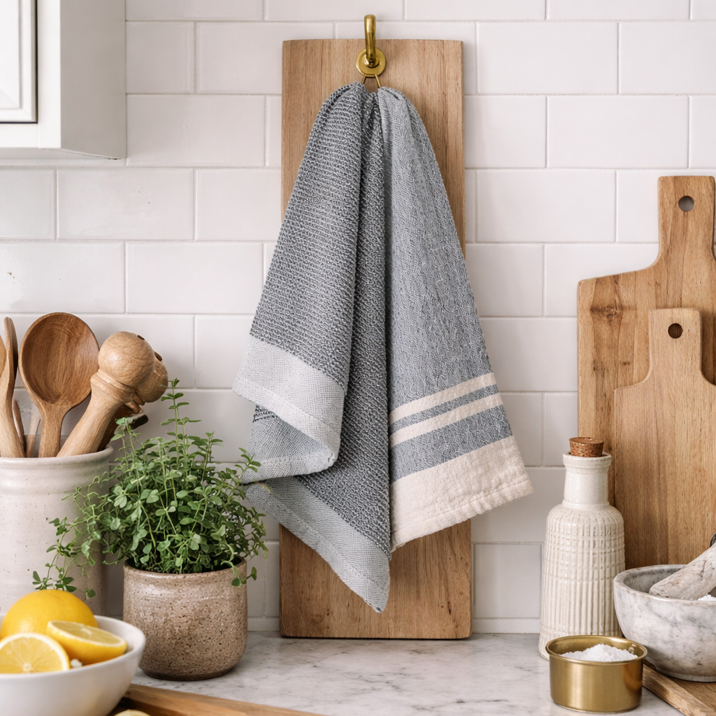 Kitchen counter with a towel hanging on a wooden board, cutting boards, and kitchen utensils.
