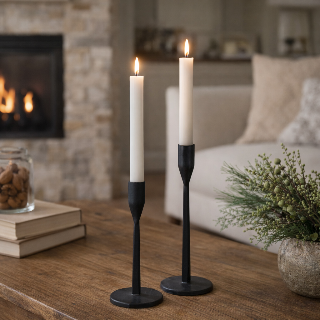 Set of two LED wax taper candles from Luxe B Co, realistic artificial candles with flickering flame effect.