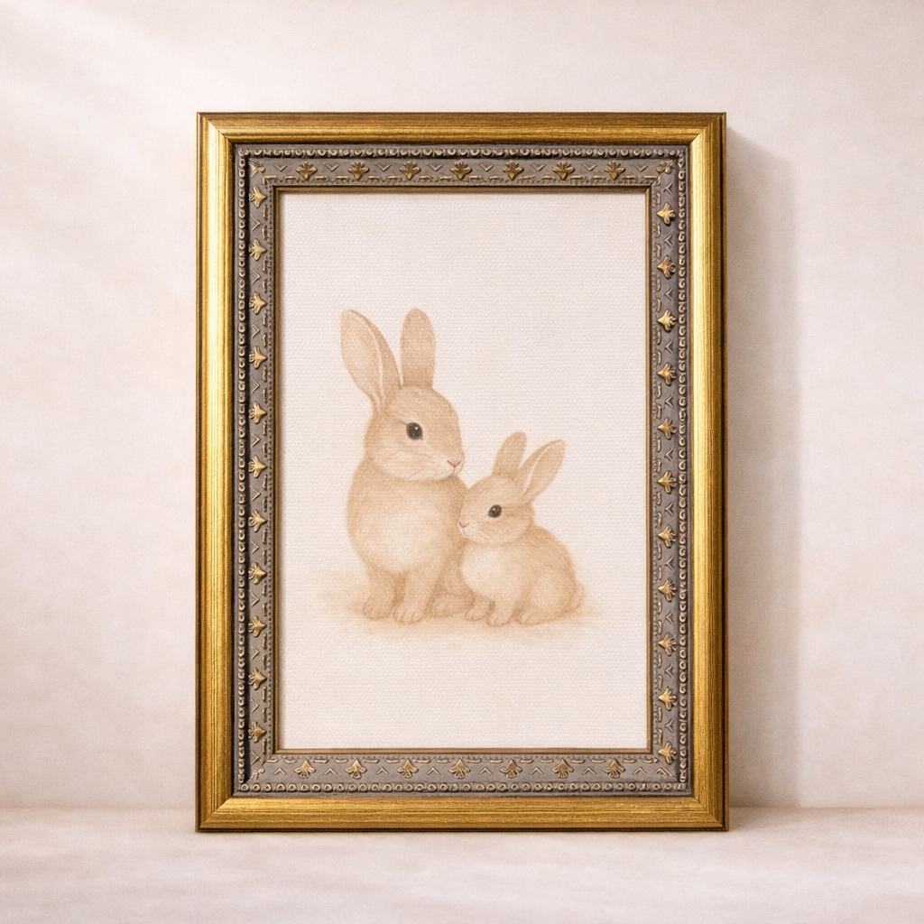 Antique-inspired brass bunny framed art by Luxe B Co, featuring detailed bunny illustration in a vintage brass mould frame.