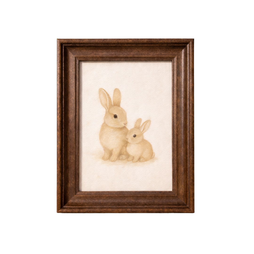 Antique-inspired framed art featuring adorable little bunnies by Luxe B Co, classic Westbury style, suitable for nursery or living room decor.