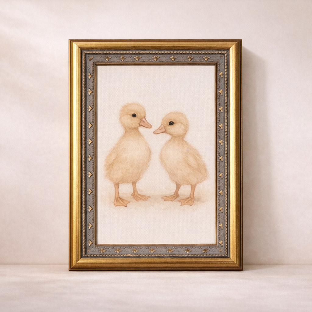 Antique-inspired brass mould framed art featuring adorable little chicks by Luxe B Co, vintage-style decorative wall decor.