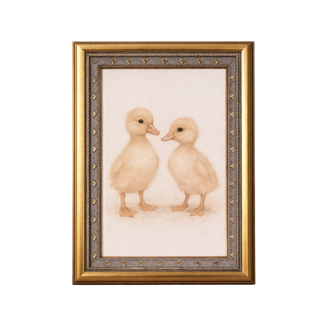 Antique-inspired brass mould framed art featuring playful little chicks, decorative wall decor by Luxe B Co.