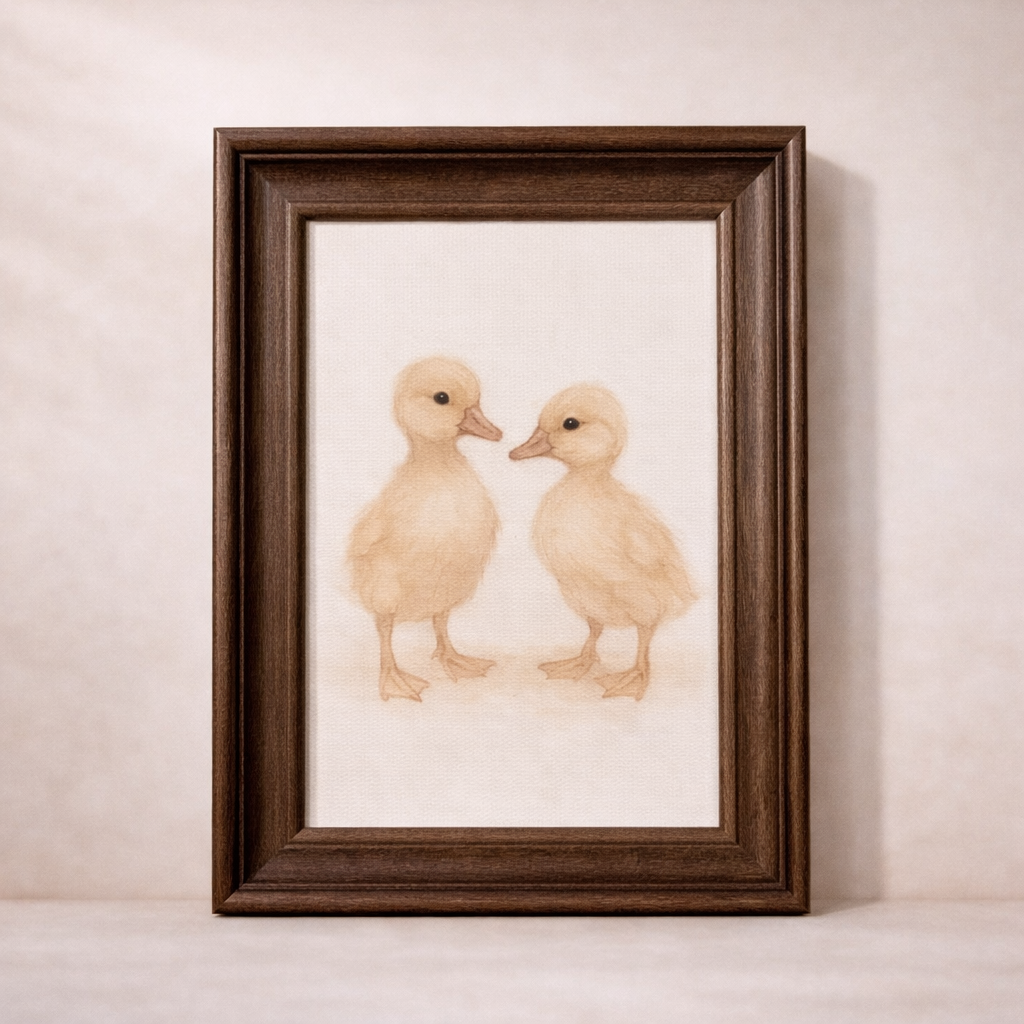 Antique-inspired framed art featuring little chicks, classic Westbury design by Luxe B Co, displayed in a sophisticated frame.
