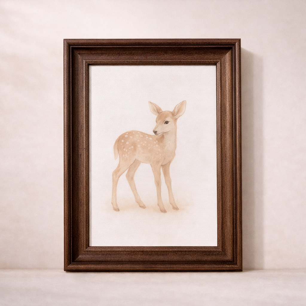 Antique-inspired framed art of a little deer with a classic Westbury design by Luxe B Co, displayed in a decorative frame.