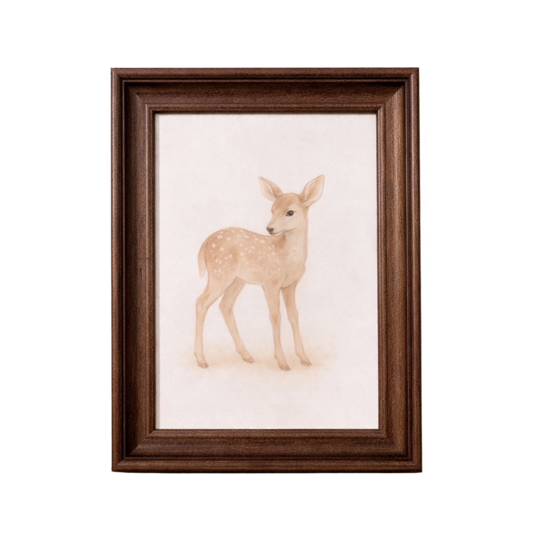 Antique-inspired framed art featuring a delicate little deer, Luxe B Co Westbury classic design, elegant wall decor.