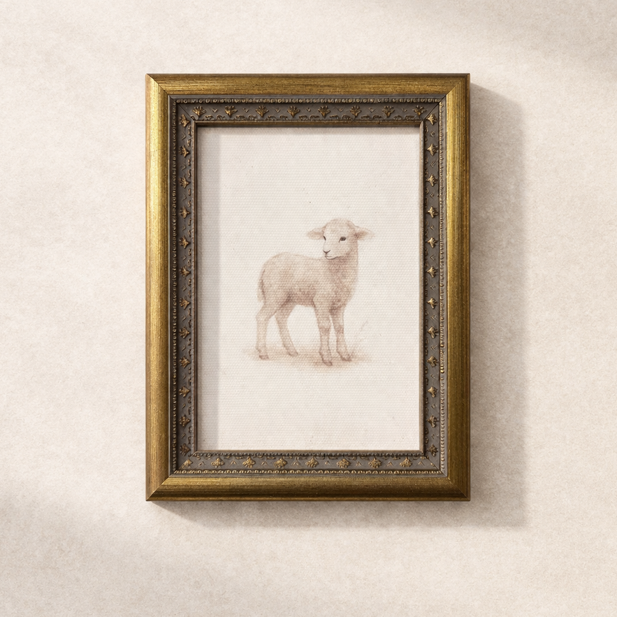Antique-inspired brass mould framed art featuring a Little Meadow Lamb by Luxe B Co, displayed in a decorative wall frame.