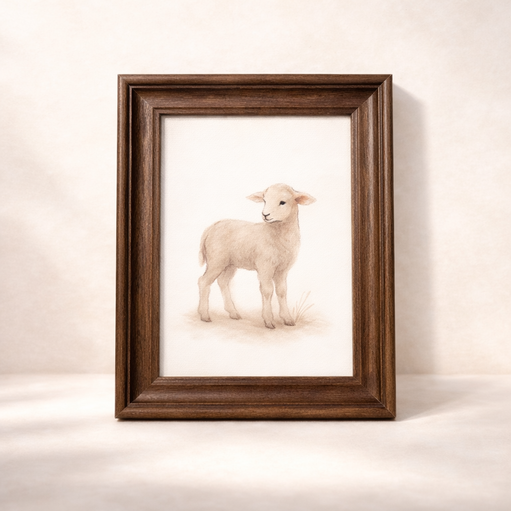 Antique-inspired framed art of a little meadow lamb by Luxe B Co, featuring a classic Westbury style in a decorative frame.