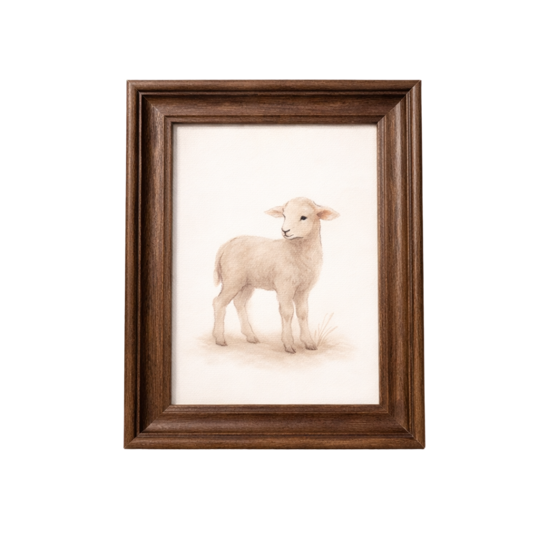 Antique-inspired framed art of a Little Meadow Lamb by Luxe B Co, featuring classic Westbury style in a decorative frame.