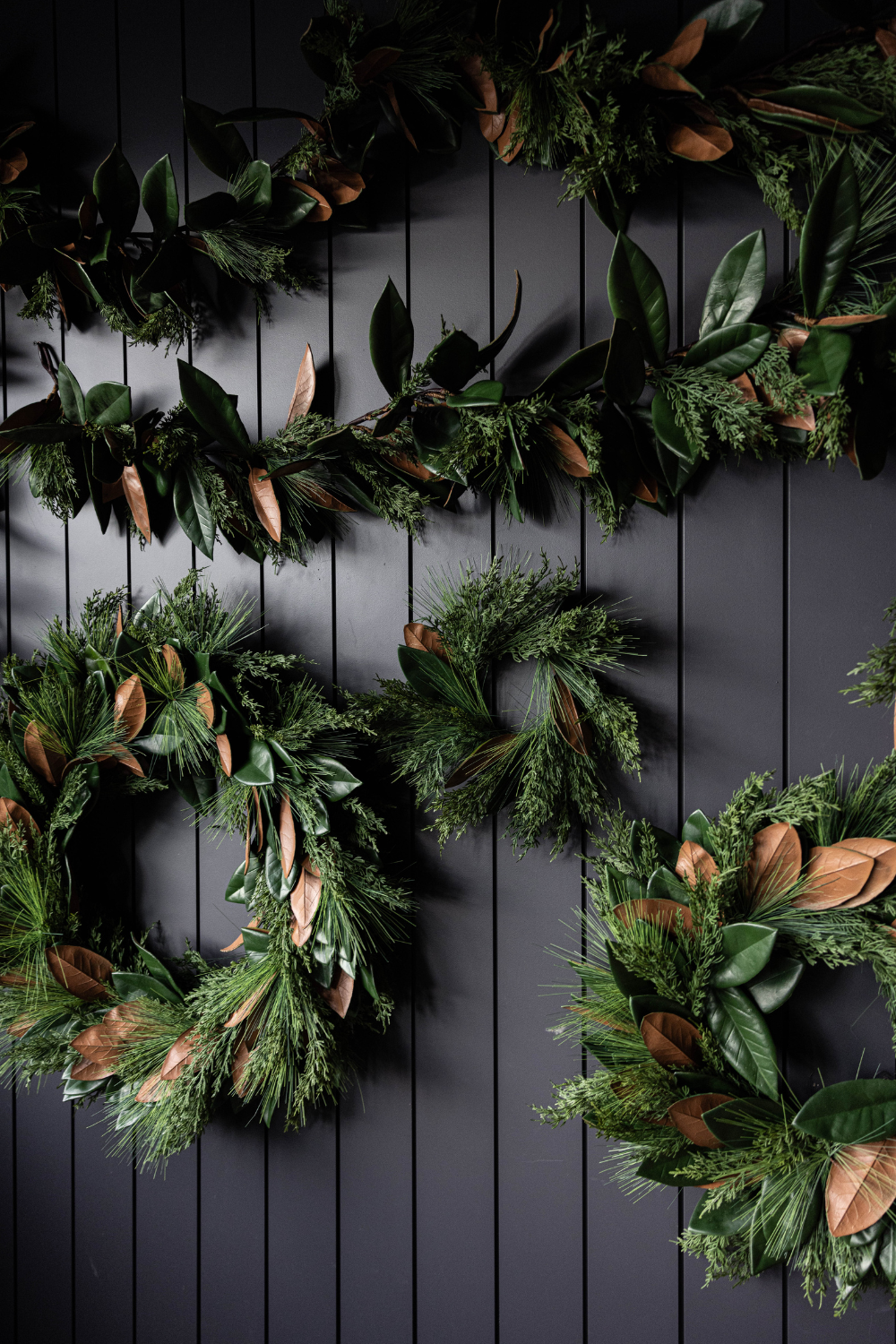 Luxe B Co Magnolia Norfolk Cypress mixed real touch wreath, 34-inch diameter, with lush greenery and realistic magnolia and cypress accents.