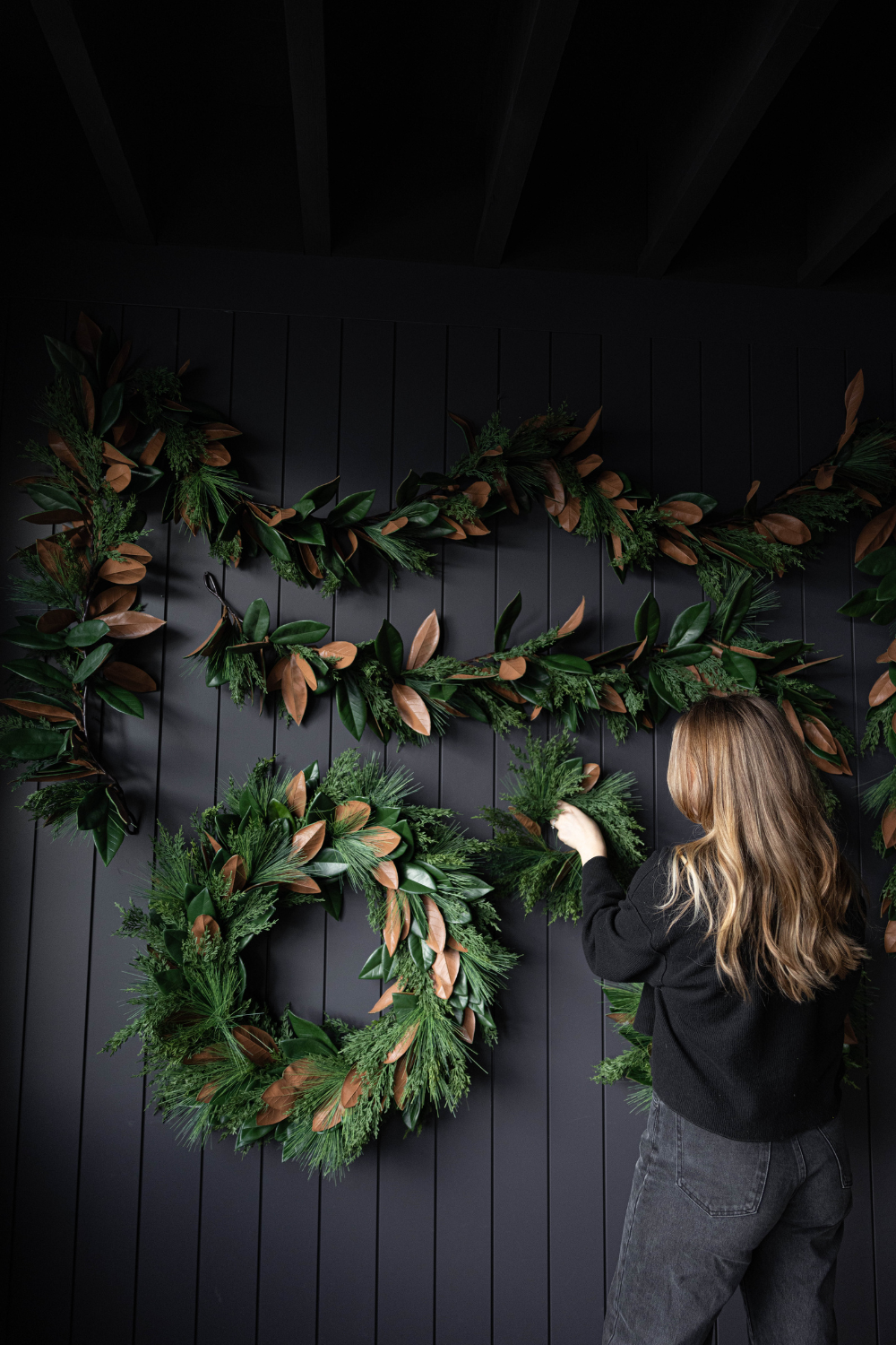 Real touch Magnolia and Norfolk Cypress wreath, 34 inches, lush greenery, mixed foliage, ideal for elegant home decor.