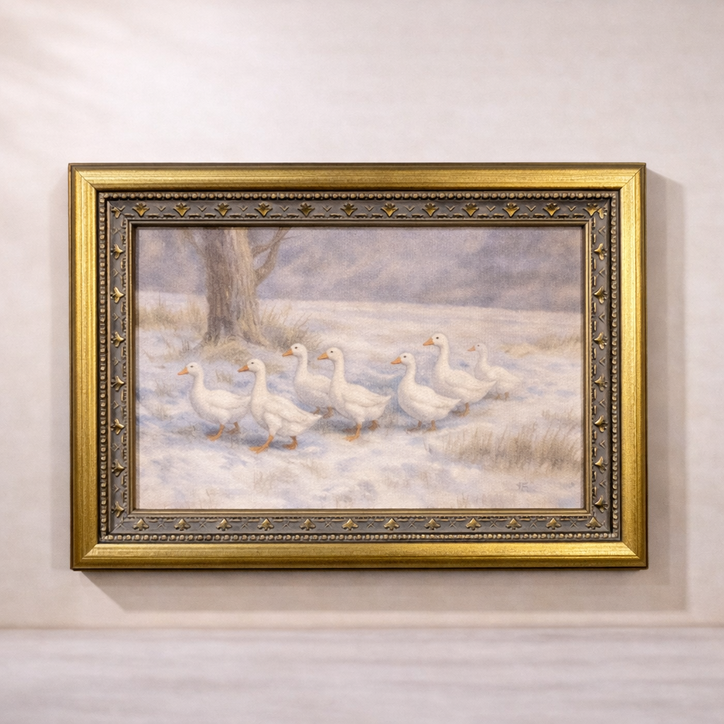 Antique-inspired brass mould framed art featuring meadow geese, showcasing detailed bird illustrations in a vintage style.
