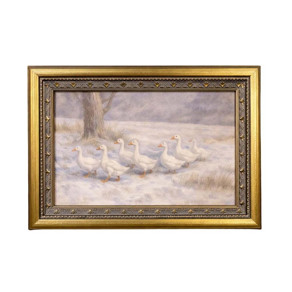 Antique-inspired brass mould framed art featuring meadow geese, crafted by Luxe B Co, with detailed natural bird and landscape imagery.