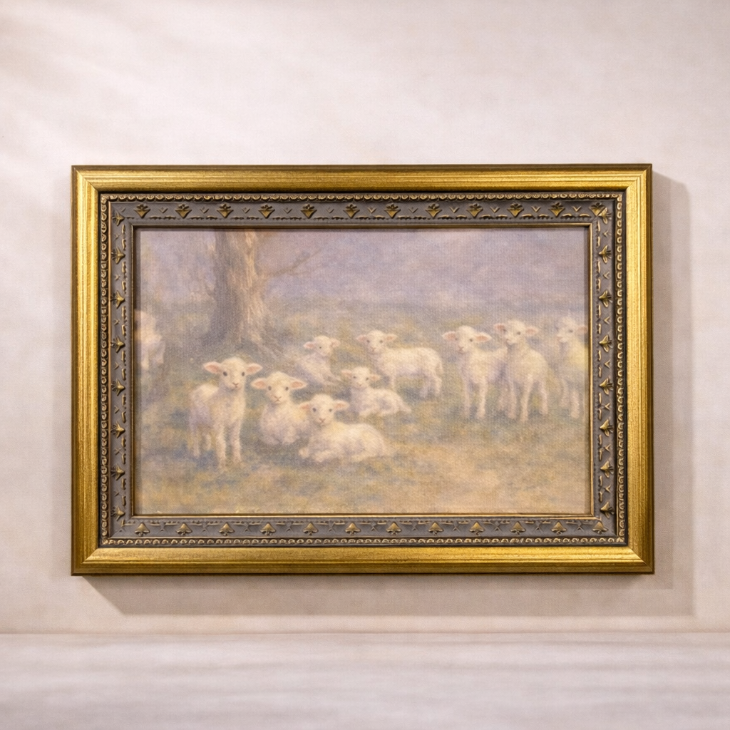 Meadow Lamb | Antique Inspired Brass Mould Framed Art | By Luxe B Co.