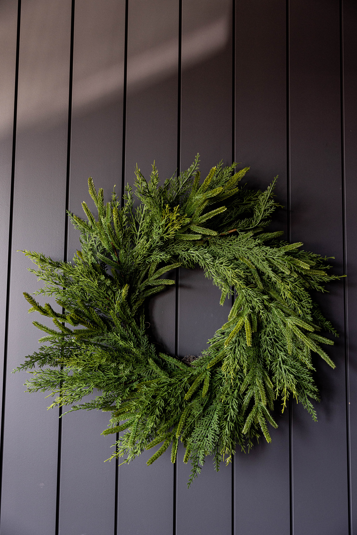 Luxe B Co 24-inch Norfolk and Cypress mixed real touch wreath with pine and greenery, realistic faux holiday decor.