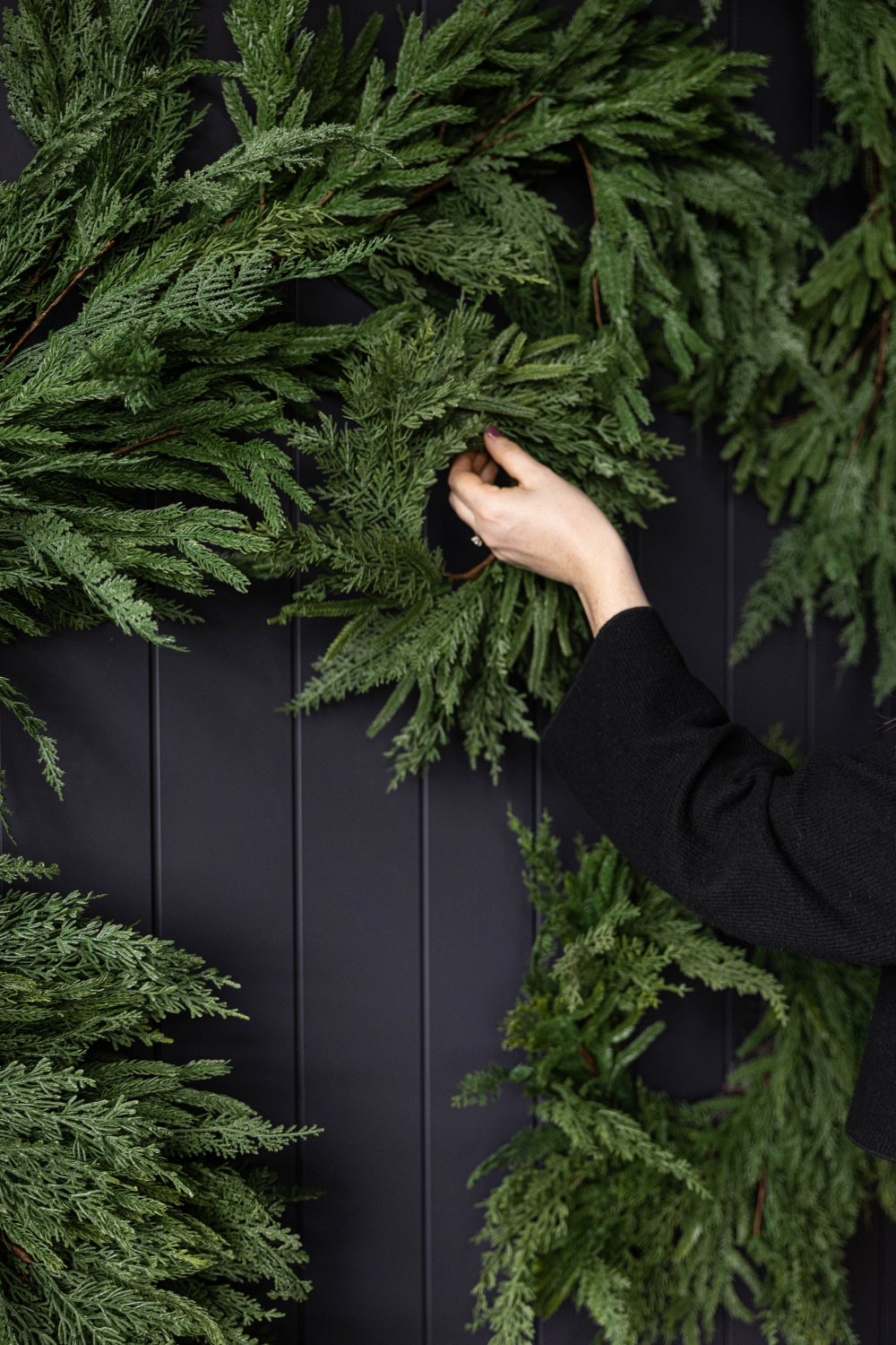 Luxe B Co Norfolk & Cypress Mixed Real Touch Wreath, 34-inch, featuring realistic Norfolk and cypress greenery for home decor.