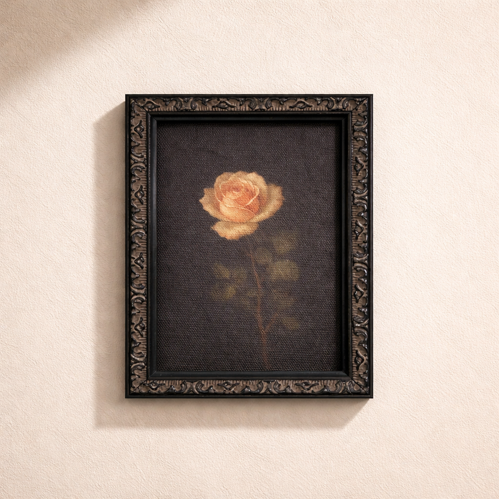 Antique-inspired black mould framed art featuring a moody rose design, created by Luxe B Co.