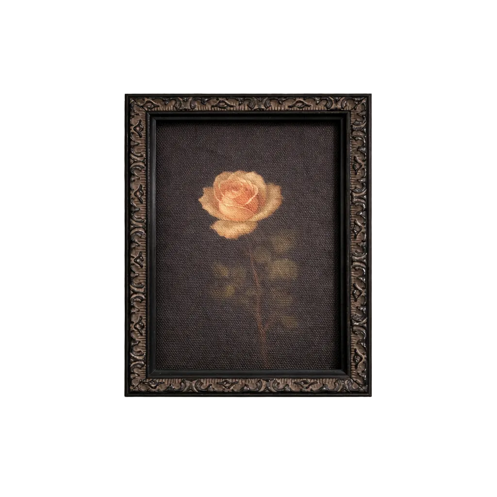 Antique-inspired black mould framed art featuring moody rose design by Luxe B Co, elegant wall decor for vintage style interiors.