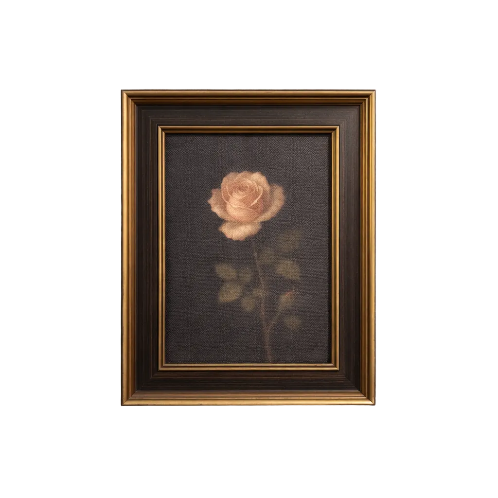 Black framed art featuring a moody rose design with antique-inspired brass trim, by Luxe B Co.