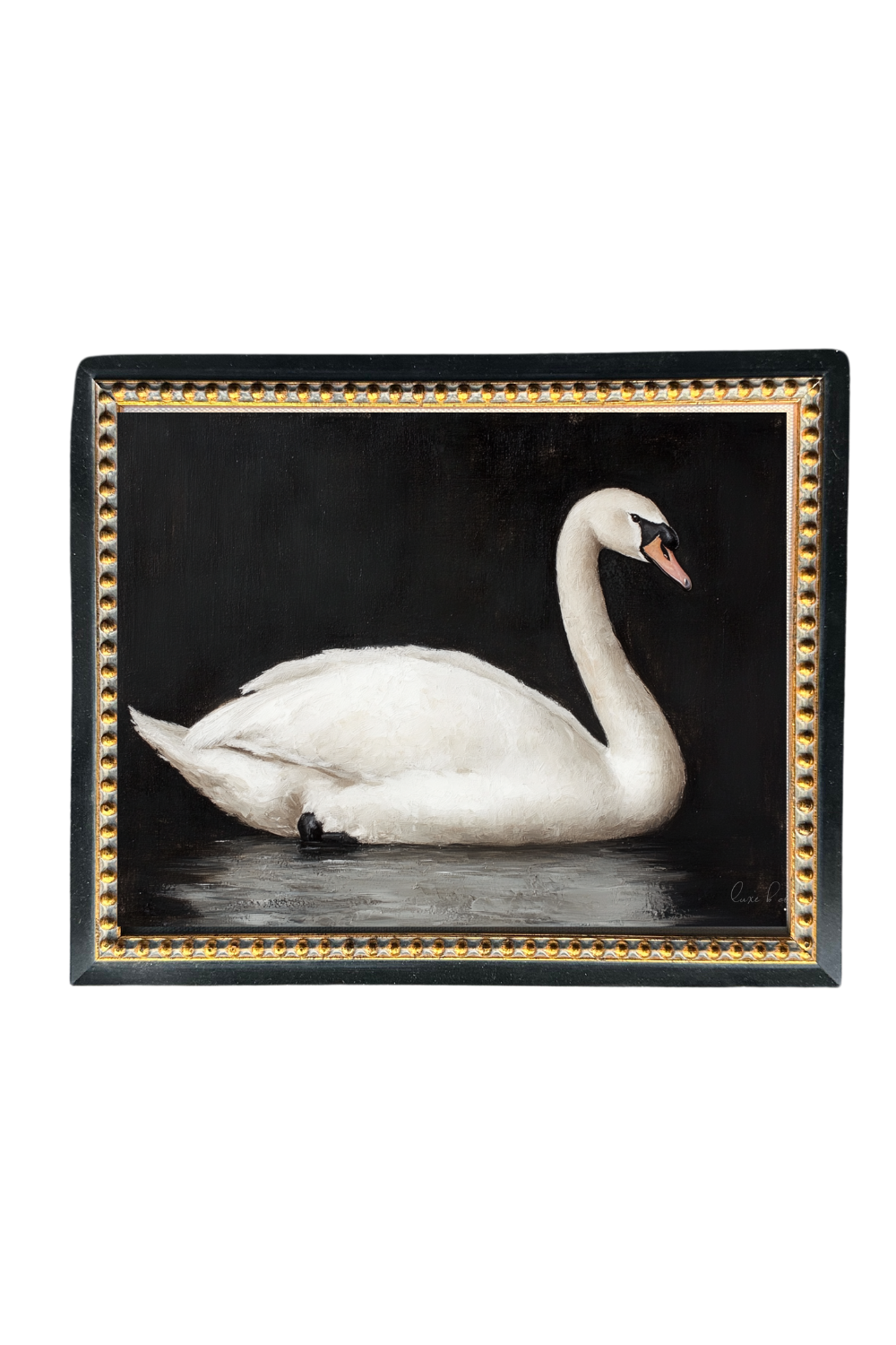 Moody Swan Vintage Art | Gold Beaded Black French Framed Art