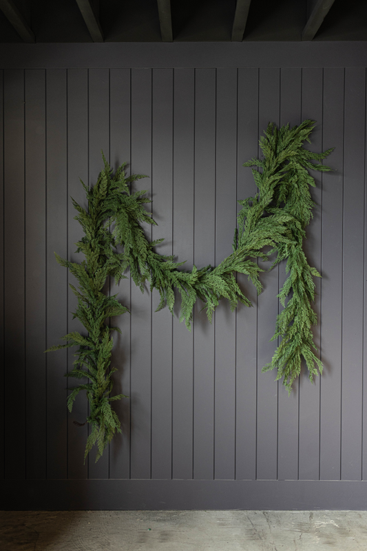 Navy, plum, and berry Norfolk cypress leaf garland by Luxe B Co, 15 ft full real touch Christmas garland with lush foliage and berries.
