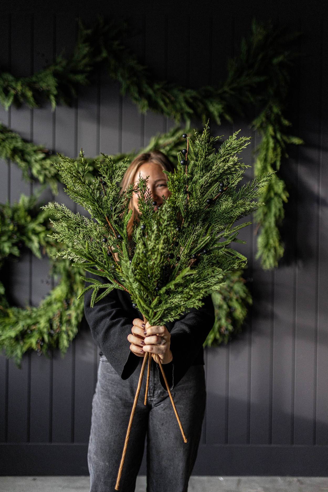 Navy Plum Berry Norfolk Cypress Real Touch Stems - Luxe B Co