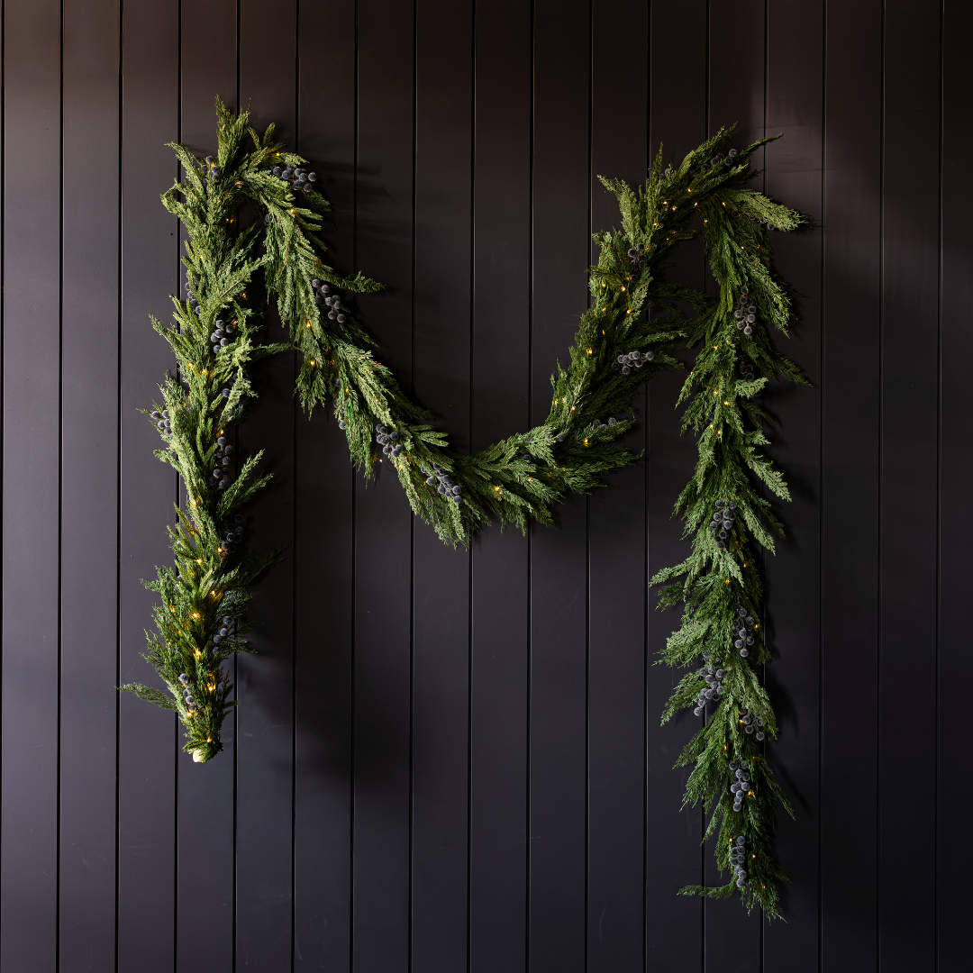 Navy plum frosted berry Norfolk cypress real touch Christmas garland, 15 ft, by Luxe B Co, with realistic berries and greenery.