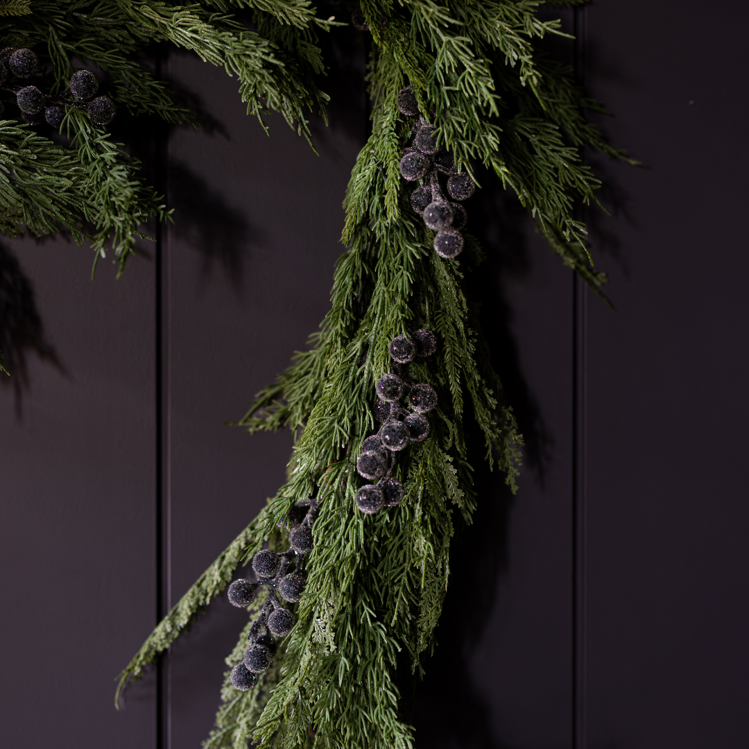 Navy plum frosted berry Norfolk Cypress real touch Christmas garland, 15 ft, with pinecones and berries, by Luxe B Co.