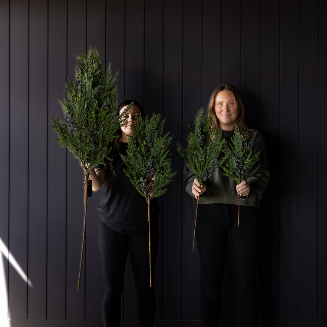Navy plum frosted berry Norfolk cypress real touch stems from Luxe B Co, showcasing realistic textured foliage and frosted berry accents.