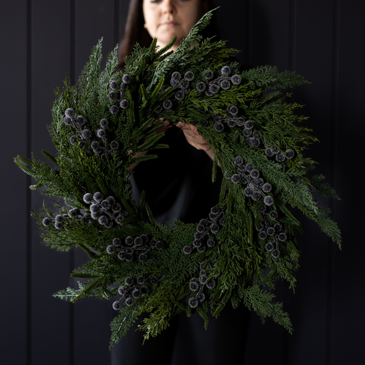 Navy plum frosted berry and Norfolk cypress real touch wreath, 24-inch Luxe B Co decorative wreath for home decor.