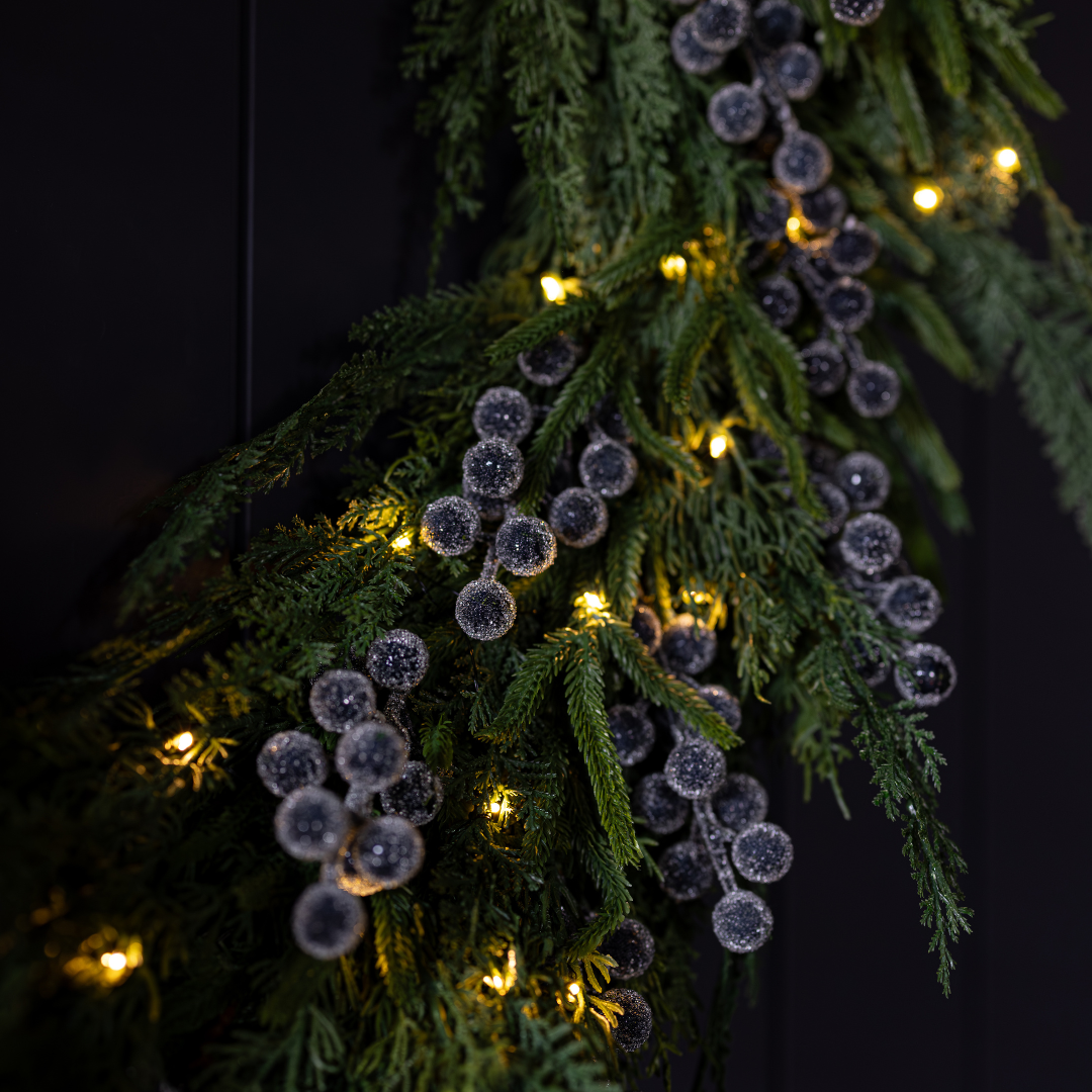 Navy plum frosted berry and Norfolk cypress real touch wreath, 24-inch Luxe B Co decorative floral wreath for home.