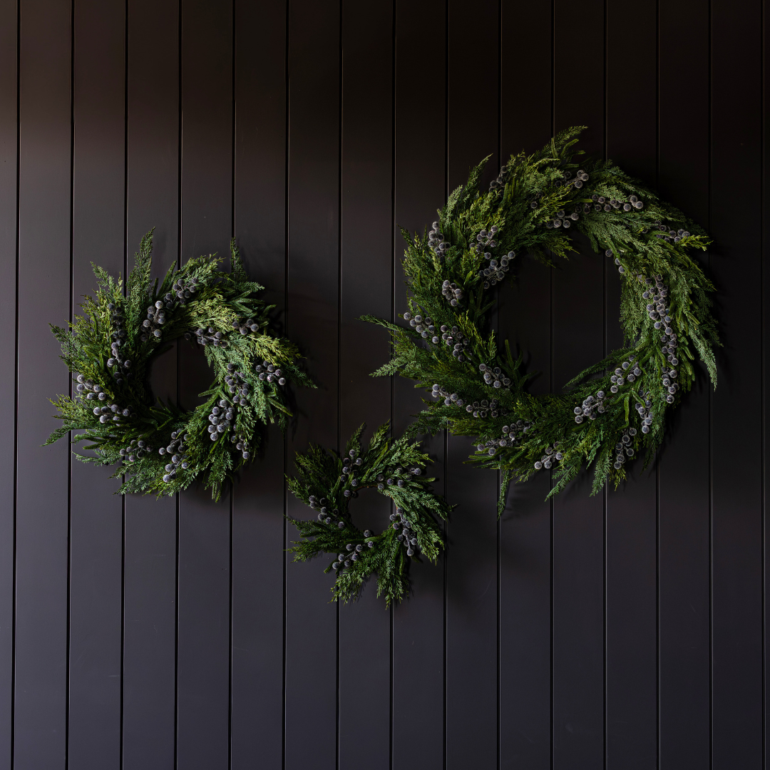 Navy plum frosted berry Norfolk cypress real touch wreath, 34-inch Luxe B Co decorative wreath with mixed foliage and berries.
