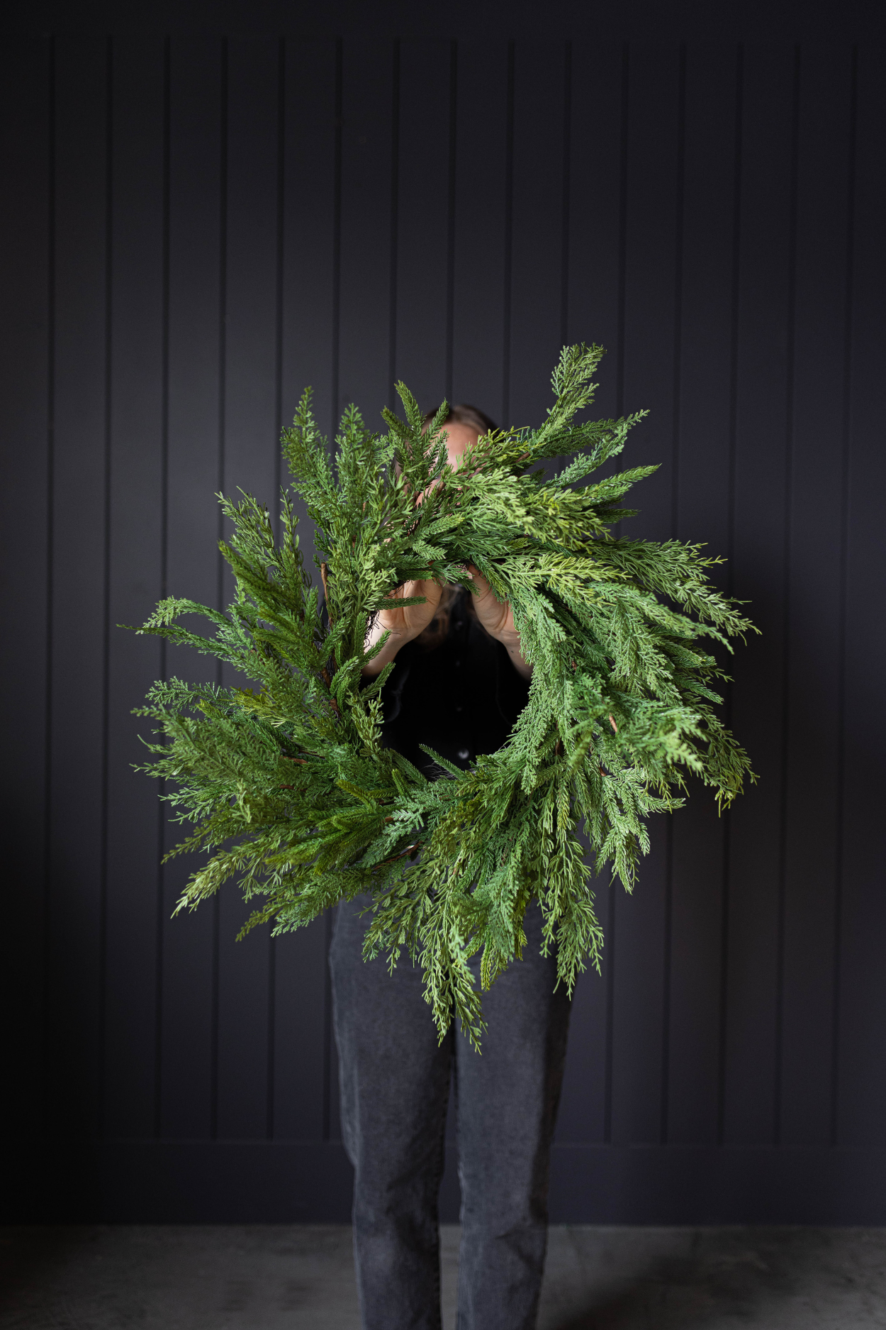 Luxe B Co Norfolk & Cypress Mixed Real Touch Wreath, 24-inch size, featuring realistic greenery and textured leaves.