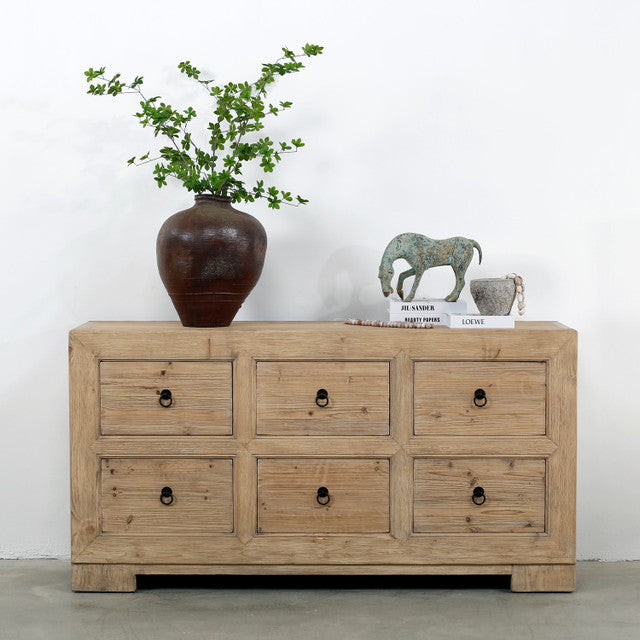 Ojai Reclaimed Elm Wood Elm Six Drawer Console | By Luxe B Co.