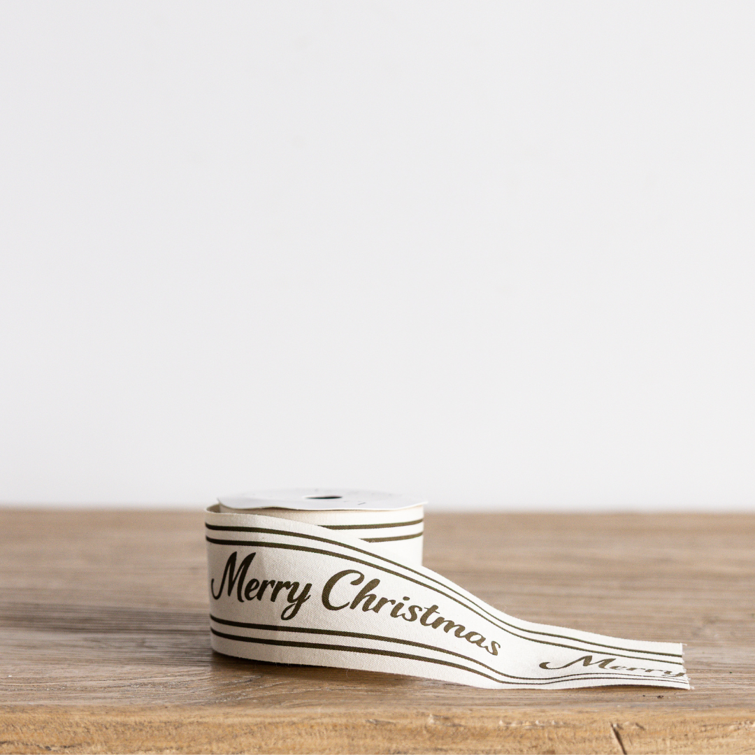 Olive green cursive Merry Christmas ribbon by Luxe B Co Wholesale, decorative holiday ribbon with elegant script design