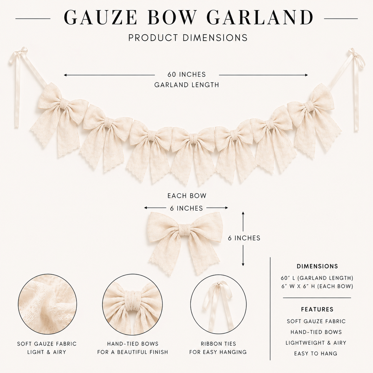Olive green gauze bow garland by Luxe B Co featuring soft, flowing fabric bows on a string for decorative use.