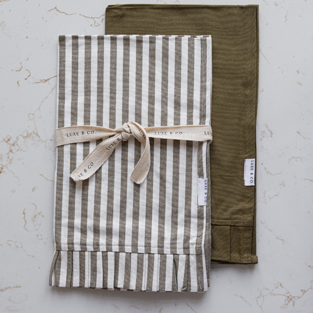 Olive Green & White Stripes Ruffle Kitchen Dish Towel | By Luxe B Co.