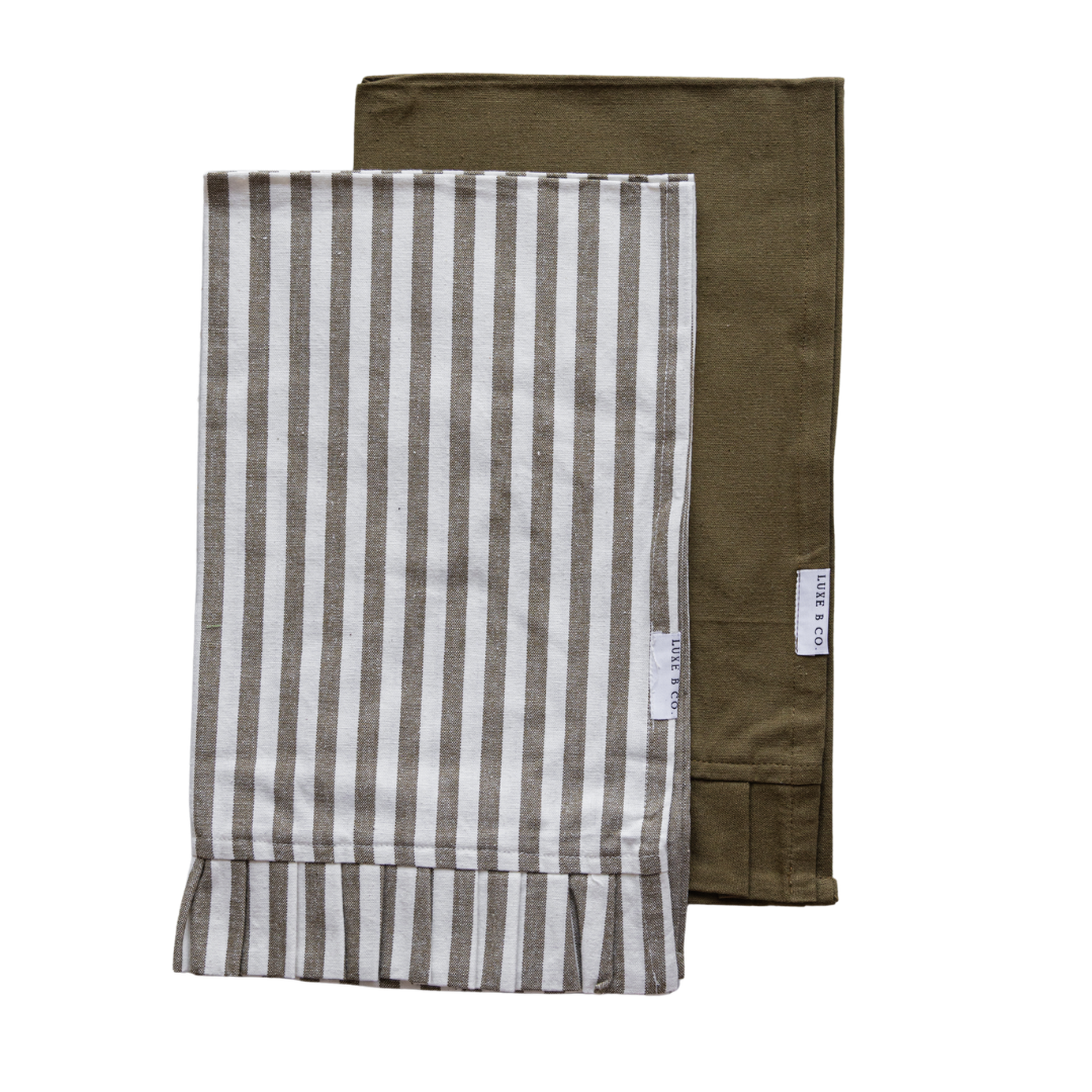 Olive Green & White Stripes Ruffle Kitchen Dish Towel | By Luxe B Co.
