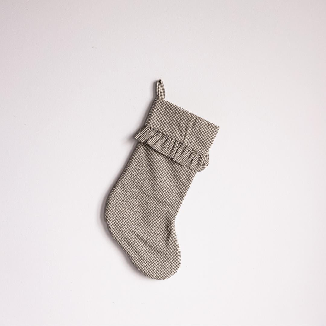 Olive mini gingham holiday stocking with a bow from Luxe B Co, featuring festive holiday design and soft fabric.