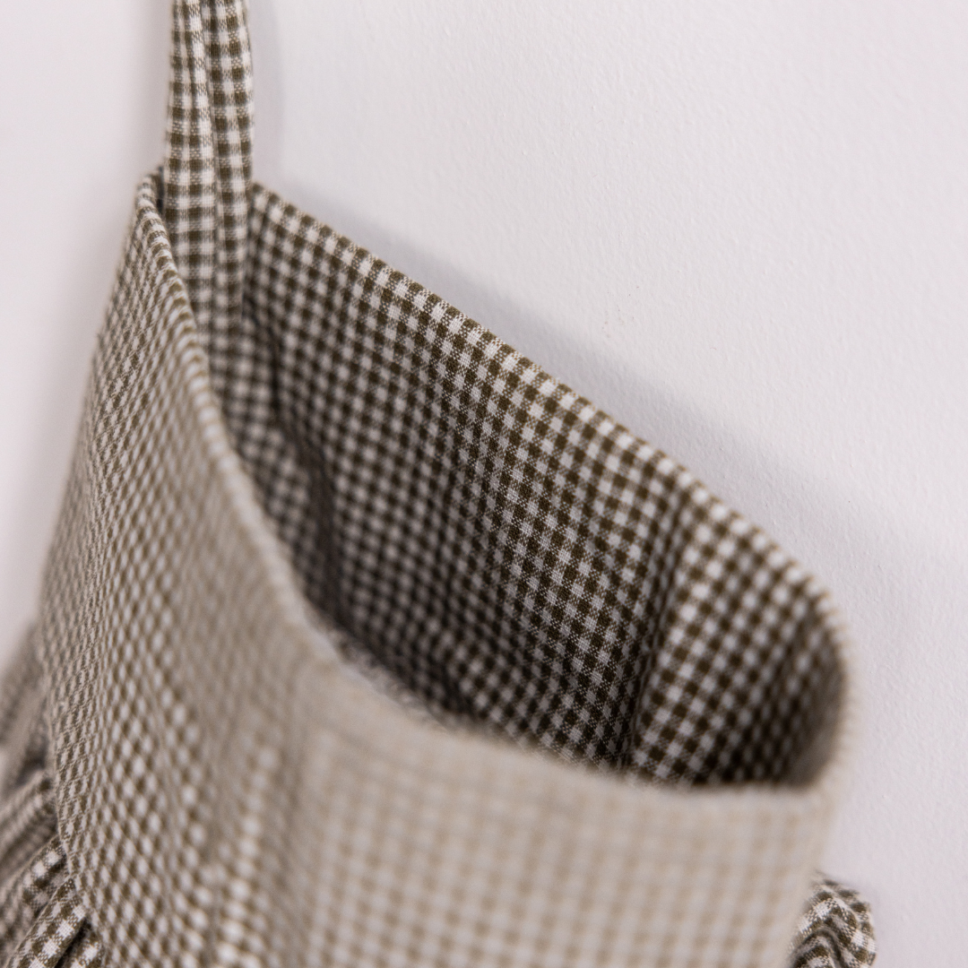 Olive mini gingham holiday stocking with bow by Luxe B Co, featuring festive holiday design and soft fabric.