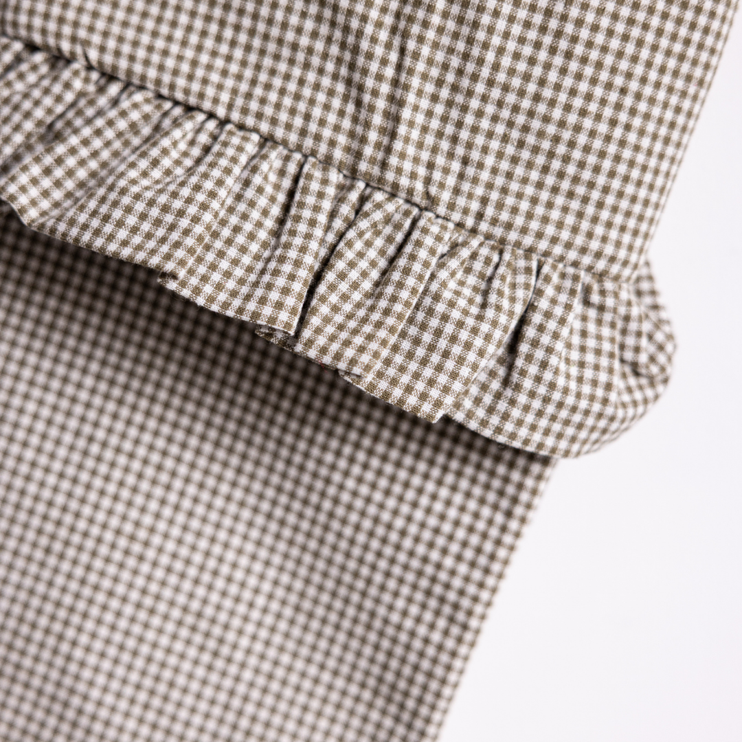 Olive mini gingham holiday stocking with a bow by Luxe B Co, perfect for festive decor and Christmas celebrations.