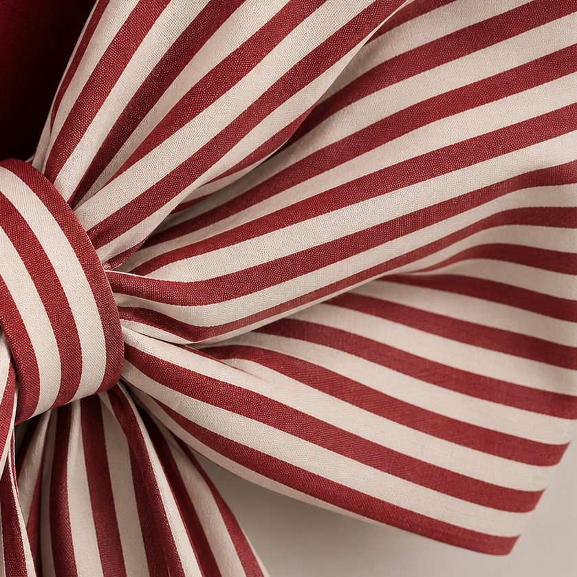 Large red fabric bow with candy cane pattern, oversized Luxe B Co bow for holiday decor or gift wrapping.