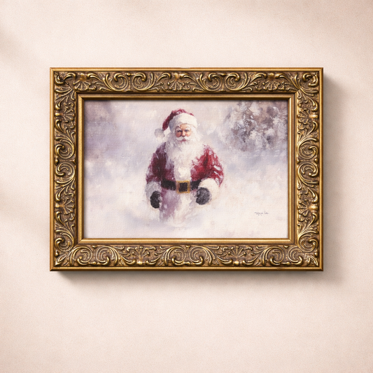 Antique-inspired brass framed art of Père Noël, vintage holiday illustration by Luxe B Co. displayed in an ornate heirloom frame.