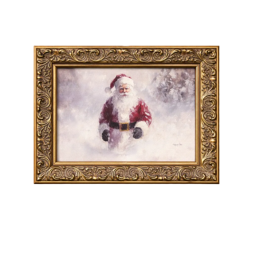 Antique-inspired brass framed art of Père Noël by Luxe B Co, showcasing a classic holiday Christmas illustration in a vintage style.