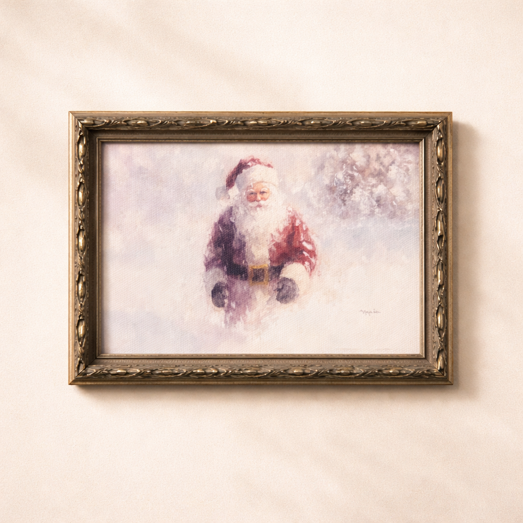 Antique-inspired silver crown leaf framed art featuring a festive Père Noël design by Luxe B Co.