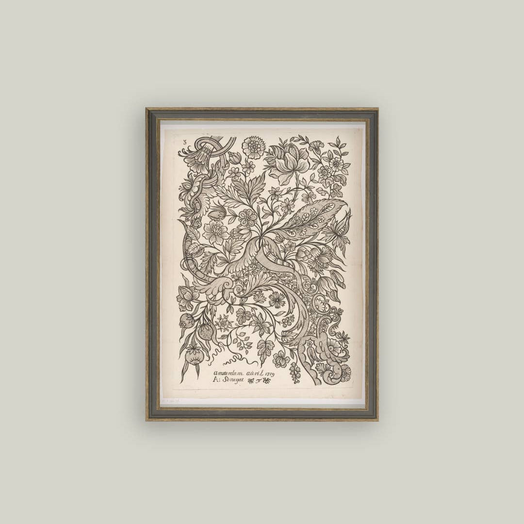 Framed antique-inspired paisley sketch art by Luxe B Co, showcasing intricate design on a vintage-style art piece.