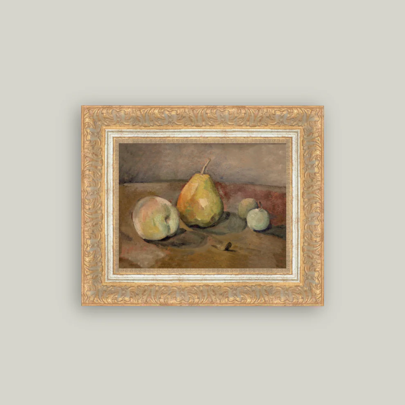 Framed antique-inspired art featuring pears and apples, decorative botanical illustration by Luxe B Co.