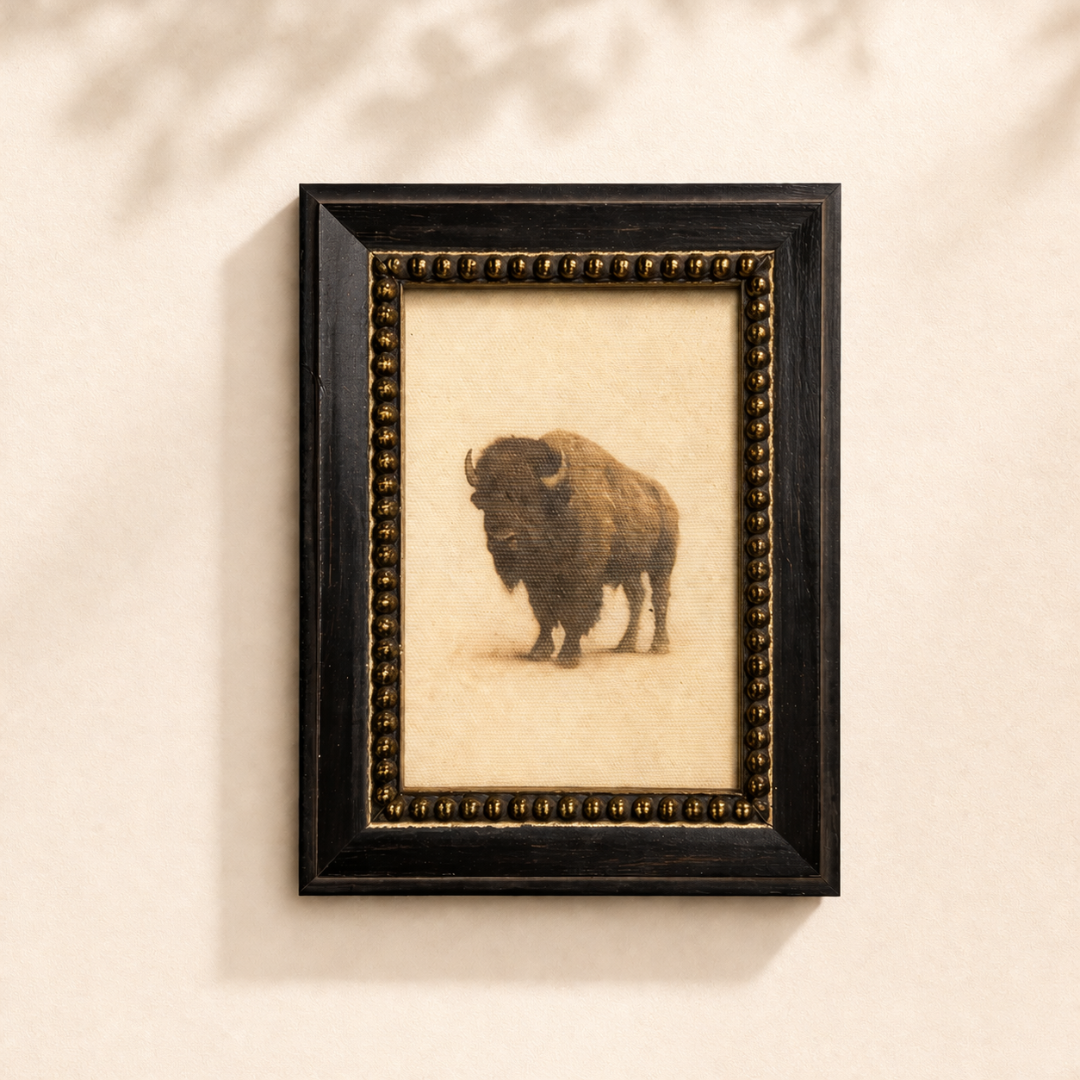 French beaded brass-inspired framed art featuring a plains bison, crafted by Luxe B Co.