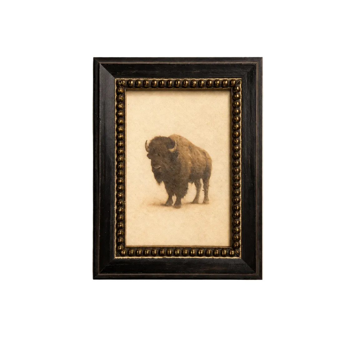 Framed art of a Plains Bison with French beaded brass-inspired design by Luxe B Co showcasing detailed textures and natural colors.