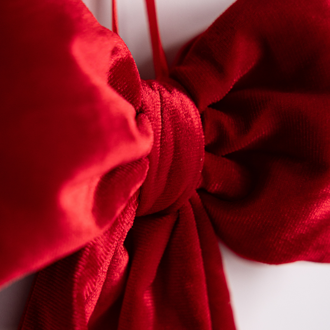 Luxe B Co Ralph Red Velvet Fabric Bow with detailed close-up showing soft velvet texture and elegant design.